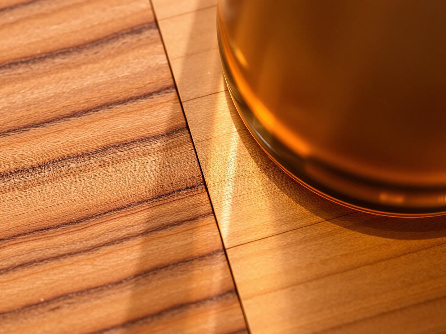 Détail de matière : noyer américain et verre ambré